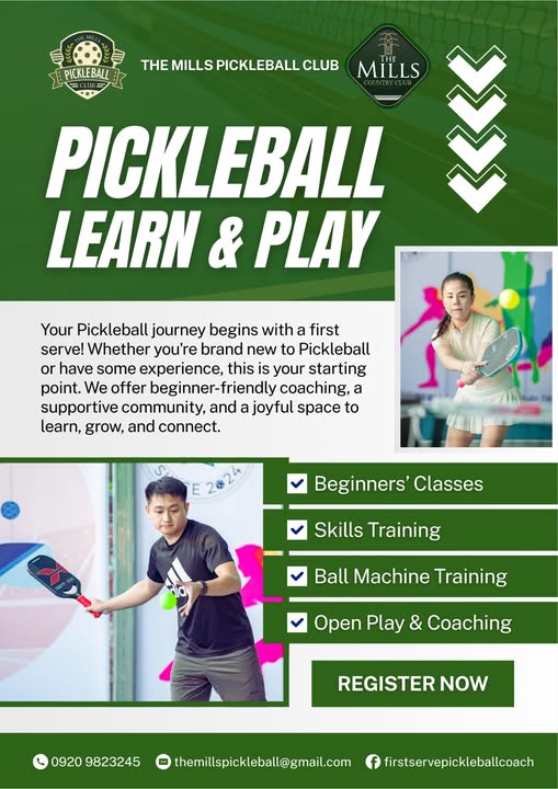 May be an image of 2 people and text that says 'PICKLEBAL THE MILLS PICKLEBALL CLUB MILLS PICKLEBALL EBALL ぐ LEARN & PLAY Your Pickleball journey begins with a first serve! Whether you're brand new Pickleball or have some experience, this is your starting point. We offer beginner- beginner-friendly -friendly coaching, a supportive community, and a joyful space to learn, grow, and connect. E2824 Beginners' Classes Skills killsTraining Training dia Ball Machine Training Open Play & Coaching REGISTER NOW 0920 9823245 themilspickleball@gmail.com firstservepickleballcoach'